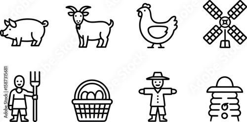 Illustration of farm animals farmer and agriculture related objects in line art