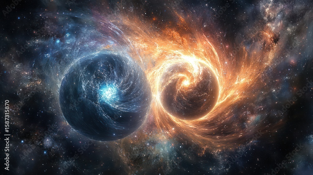 Obraz premium Cosmic Collision: A Dynamic Interplay of Celestial Spheres in Deep Space