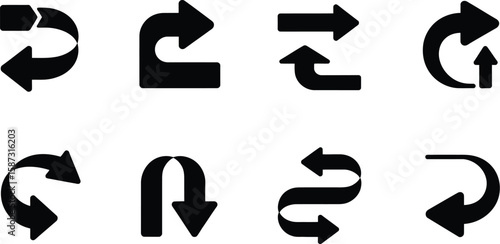 A collection of eight black arrow icons with different shapes and orientations