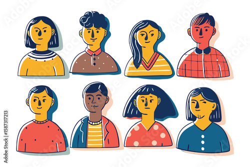 Diverse Expressions: A collection of illustrated portraits, each showcasing unique features and styles, embodying diversity and individuality.