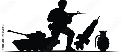A silhouette of a soldier with a rifle tank missile and grenade on gray background