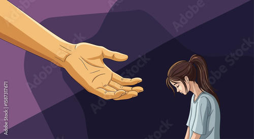 helping hand offering support to sad woman illustration