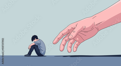 Helping Hand Reaching Toward Depressed Person Illustration