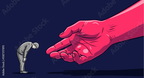 Giant Pink Hand Reaching Down to Small Person