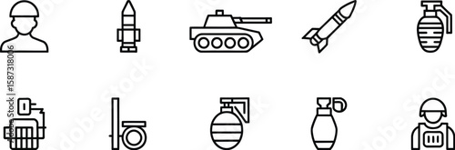 A set of military icons including a soldier, tank, missile, and various grenades