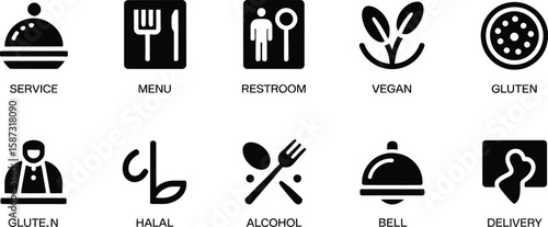 A collection of restaurant and food service related icons in black and white theme