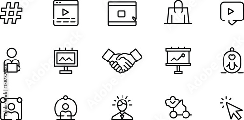 A collection of black line icons representing business and marketing concepts set on white