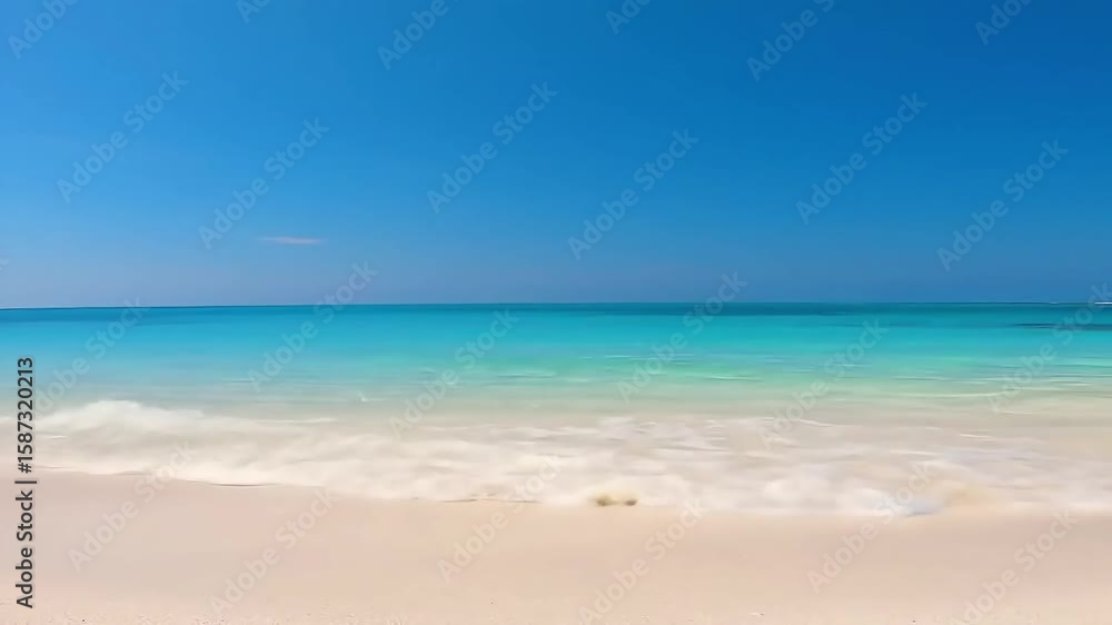 Calm turquoise ocean meets white sandy shore under a clear blue sky, gentle waves lapping, creating a serene and tranquil scene Calm turquoise ocean meets white sandy shore under a clear blue sky, gentle waves lapping, creating a serene and tranquil scene