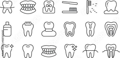 Collection of dental care icons showing toothbrushes and teeth in line art style