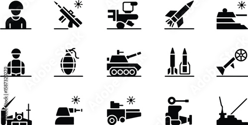 Collection of military icons depicting soldiers, weapons, and combat vehicles in black