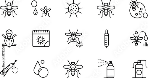 A collection of vector icons depicting mosquitoes, bites, and pest control measures