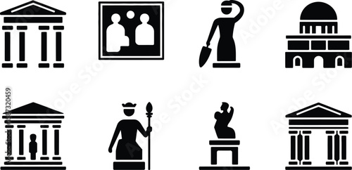 Collection of black and white museum icons depicting art and historical artifacts