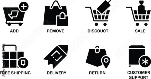 A set of eight black shopping related icons with text labels on a white background