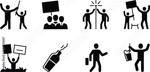 A collection of black and white protest icons depicting various forms of activism