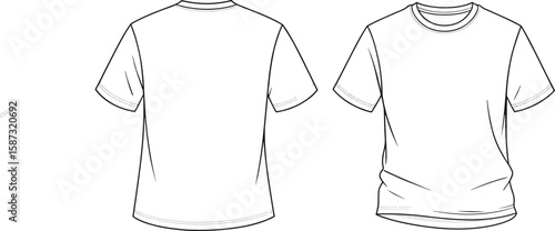 Wrinkled t-shirt flat sketch front and back view, vector fashion template, short sleeves, crew neck, unisex apparel mockup