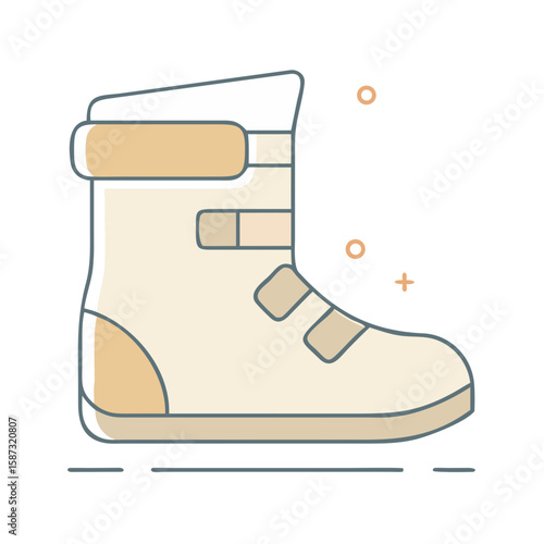Snowboard boot with strap and high ankle support, shown in soft pastel flat style on white background, symbolizes winter sport gear, foot protection, and the concept of stability during alpine descent