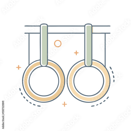 Pair of suspended gymnastic rings with vertical straps, illustrated in clean flat style on white background, symbolizes upper body strength, balance training, and the concept of precision and control 