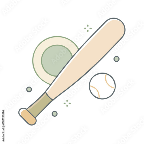 Wooden baseball bat and ball positioned for swing, drawn in clean flat style on white background, symbolizes striking technique, batting skill, and the concept of offense play in baseball competition
