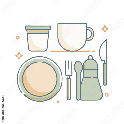 Set of plates, cups, and cutlery, illustrated in soft flat style on white background, symbolizes portable cooking gear, picnic essentials, and the concept of organized eating setup during outdoor adve