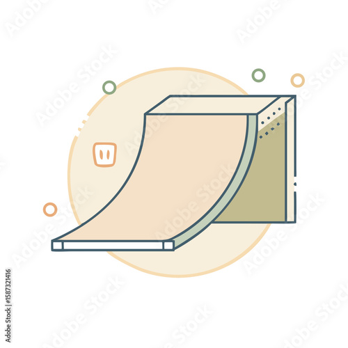 Skateboarding ramp with curved halfpipe shape, drawn in pastel flat style on white background, represents extreme sports, street activity, and the concept of trick practice and motion dynamics
