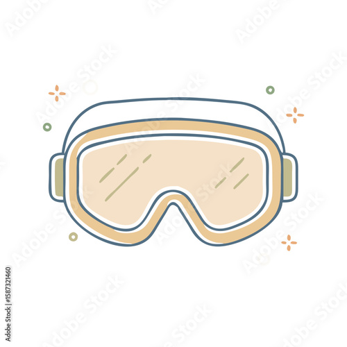 Ski goggles with protective lens and side straps, shown in clean flat style on white background, symbolizes snow sports, winter protection, and the concept of visibility and safety during alpine activ
