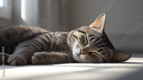 Domestic tabby cat sleeping peacefully on light beige carpet near window