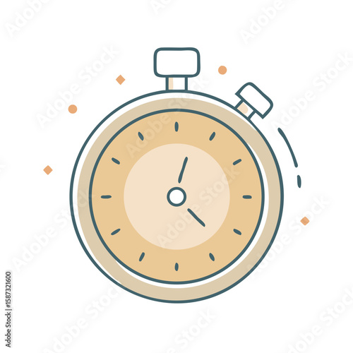 Stopwatch with classic dial and side button, shown in simple flat design on white background, represents time measurement, sports timing, and the concept of precision in athletics and competitive trai