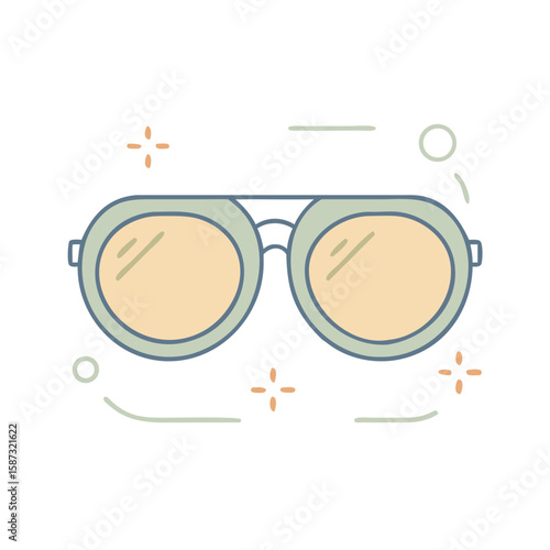 Round sunglasses with thick frame and reflective lenses, illustrated in modern flat style on white background, symbolizes sun protection, summer accessory, and the concept of outdoor fashion and brigh