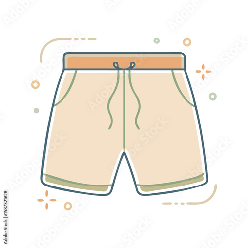 Pair of beach swimming shorts with drawstring waistband, illustrated in soft flat style on white background, represents summer clothing, casual sportswear, and the concept of seaside or poolside leisu