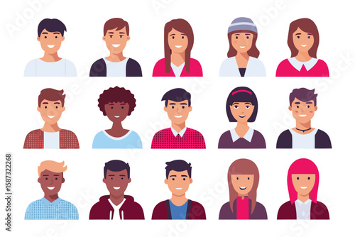 Portrait Diversity: A vibrant collection of fifteen diverse portraits, each capturing the unique essence of various individuals, ready to convey themes of community, unity, and representation.