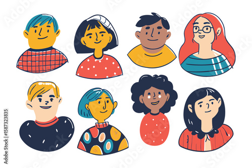 Diverse Avatars: A vibrant array of illustrated people showcases the beauty of human diversity in minimalist style with simple colors and endearing expressions.
