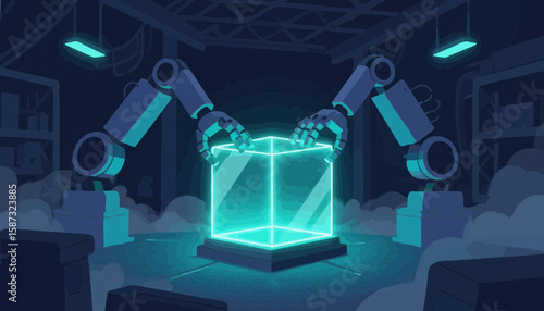 Two robotic arms carefully manipulating a glowing cube inside a futuristic laboratory setting