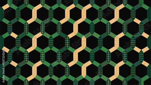 Abstract green and beige hexagonal geometric pattern with leaf details on black background