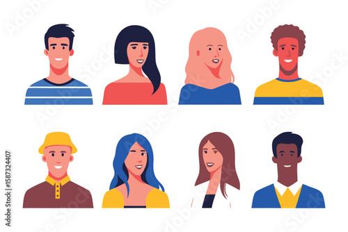 Diverse Portraits: Collection of eight diverse flat-style portraits, showcasing various ethnicities, hairstyles, and expressions. Ideal for representing inclusivity and diversity in various contexts.