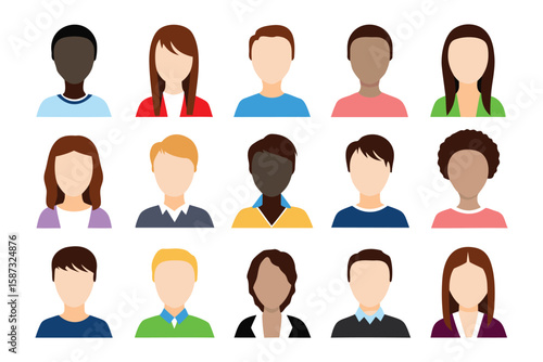 Diverse Profile Set: A Collection of Fifteen Unique profile without showing facial features, celebrating the beauty of individuality and inclusion across various ethnicities and styles.