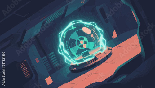 Futuristic illustration of a glowing energy core inside a high-tech environment