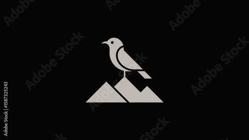 Minimalist illustration of a bird perched on mountain peaks against a black background