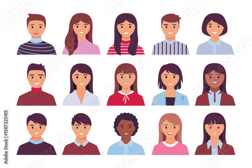 Diverse Faces of Humanity: A vibrant collection of various people avatars showcasing the beautiful diversity of human faces and hairstyles, symbolizing inclusion and representation in a modern.