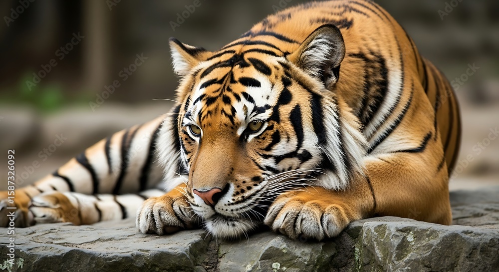 Obraz premium Majestic tiger resting on a rock, its gaze intense and powerful, showcasing its striking orange and black stripes.