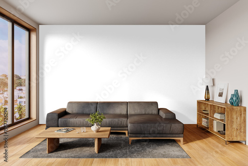 Fototapeta Naklejka Na Ścianę i Meble -  Modern living room interior with grey sofa, wooden coffee table, and bookshelf  – Transparent Wall Mockup with Realistic Shadows – 3D render	
