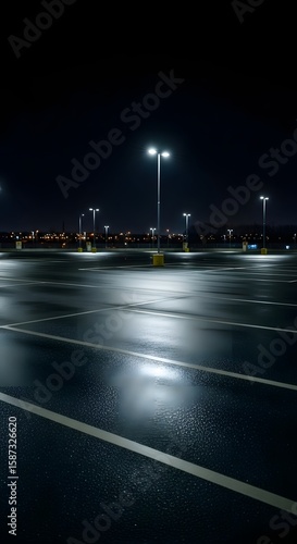 Empty Night Parking Lot:  Wet Asphalt, Bright Lights, Minimalist Urban Scene