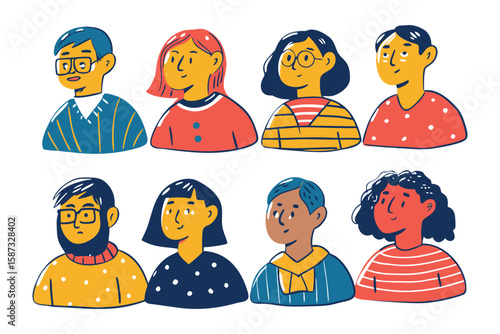 Diverse Portrait Illustrations: A set of vibrant illustrations showcasing eight unique individual from various backgrounds, each portrait captures a sense of individuality and character.