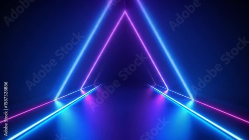Abstract neon tunnel featuring glowing triangular shapes in ultraviolet tones, reflected on a mirrored floor, ideal for music visuals, VJ loops, or futuristic designs