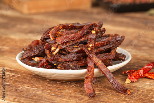 Beef strips, finely chopped beef jerky