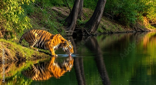 Tiger drinking water from a river, with its reflection visible, surrounded by lush green vegetation.