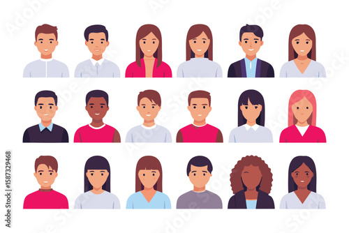 Diverse Avatar Collection: A diverse set of 20 unique avatar icons, representing a variety of ethnicities, hairstyles, and genders. Ideal for user profiles, website design, or app interfaces.