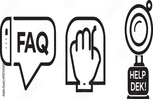 Three icons depicting frequently asked questions hand gesture and help desk on a light gray background