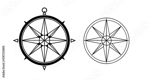 compass, line art, minimal, outline, navigation, direction, north, south, east, west, needle, geometric, symbol, simple design, contour drawing, thin lines, black and white, map icon, linear style, co