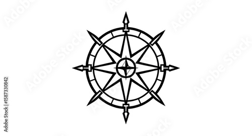 compass, line art, minimal, outline, navigation, direction, north, south, east, west, needle, geometric, symbol, simple design, contour drawing, thin lines, black and white, map icon, linear style, co