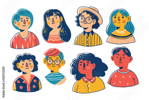 Diverse Portrait Collection: Featuring a delightful collection of charming characters with varied appearances. Each face offers a unique expression.
